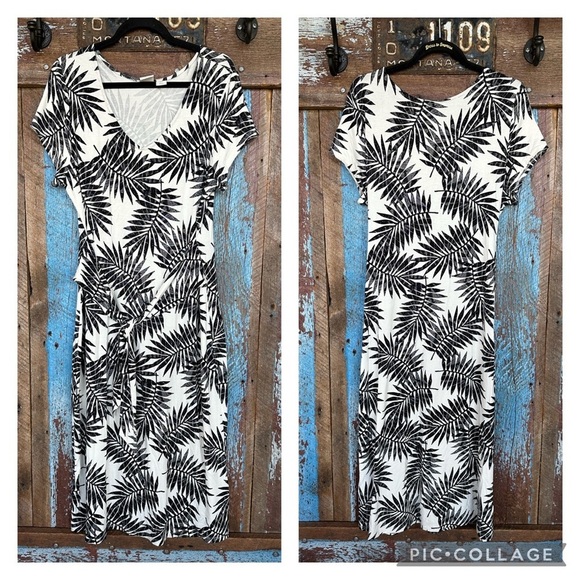 C&C California Tropical Palm Leaf Black White Print MIDI Dress Size XL - Picture 1 of 3